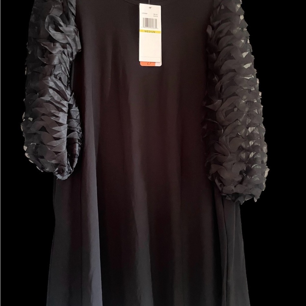 Nina Leonard Black Dress with Textured Sleeves